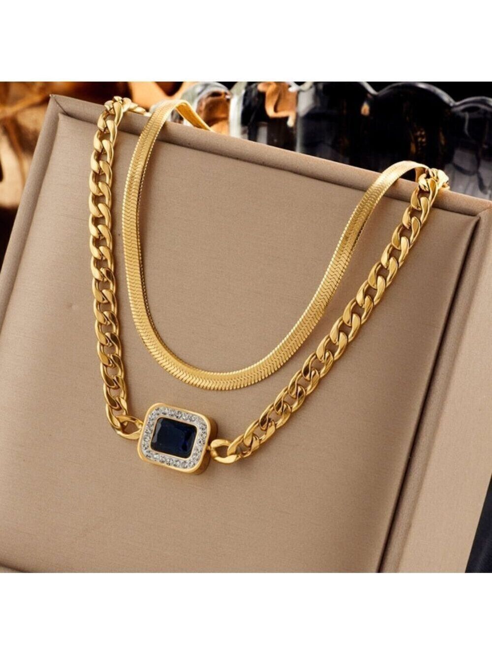 18K Gold Plated Layered Necklace with Blue Simulated Stone, Cuban Link